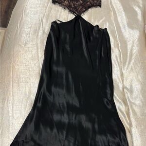 Elegant Black Satin Dress with Lace Detail